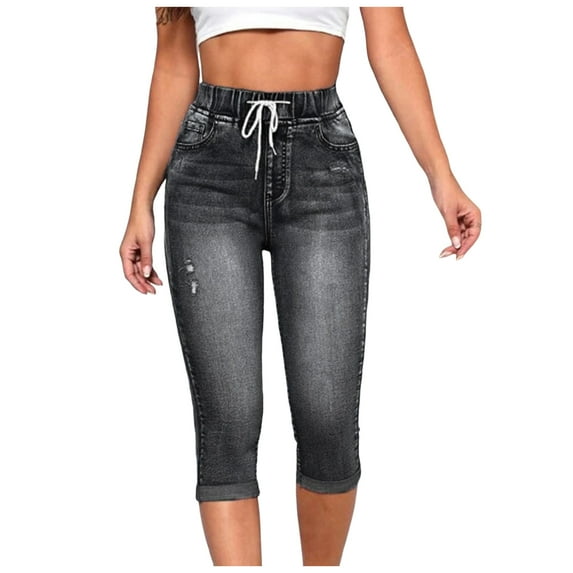 vigerkar Capris Jeans for Women High Waisted Stretchy Ripped Skinny Denim Capri Pants Distressed Cropped Jeggings Casual Pants Black, XL