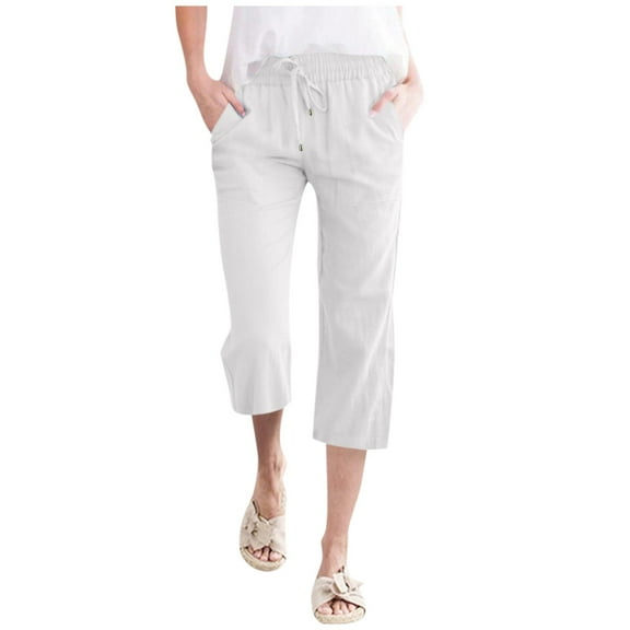 vigerkar Capris Pants for Women Cotton Linen Casual Summer 2025 Straight Wide Leg Loose Drawstring Elastic Waist Cropped Trouser White, L