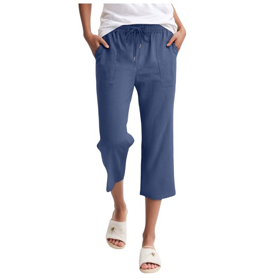 vigerkar Capris Pants for Women Cotton Linen Sweatpants Casual Summer Straight Wide Leg Loose Drawstring Elastic Trouser (Dark Blue, 4XL)