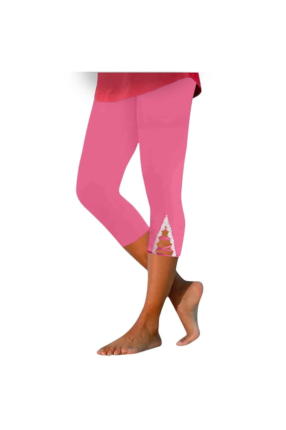 Capris Pants for Women High Waisted Yoga Cropped Pants Plus Size Summer Athletic Exercise Workout Lace Leggings Tights 2025 Red, 3XL