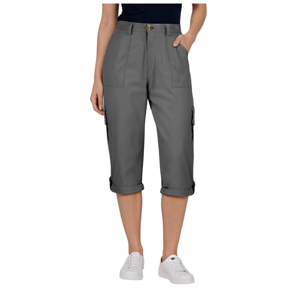 vigerkar Cargo Capri Pants Women High Waisted Elastic Capris Trousers Cropped Pants with Pockets Casual Work Clothes (Grey, S)