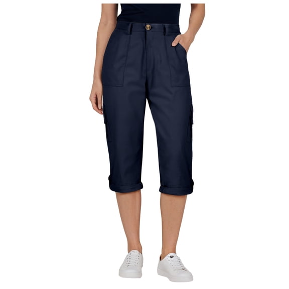 vigerkar Cargo Capri Pants Women High Waisted Elastic Capris Trousers Cropped Pants with Pockets Casual Work Clothes (Navy, S)