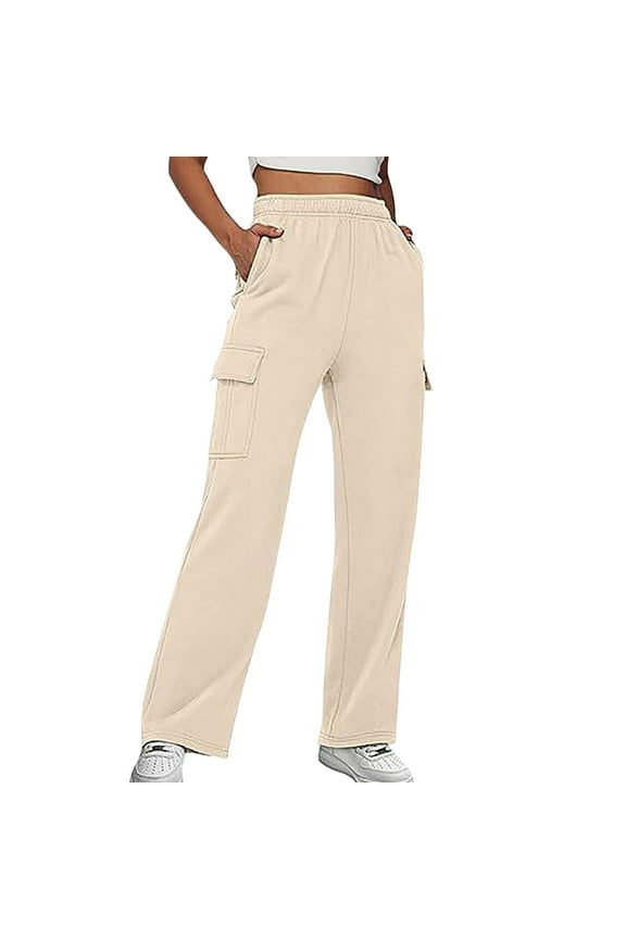 Cargo Pants for Women High Waisted Wide Leg Casual Pants Y2k Streetwear Trousers with 6 Pockets Beige, M