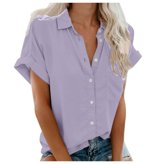 vigerkar Casual Button Down Short Sleeve Shirts 2025 Summer Fashion Shirt Top Blouses with Pocket Light Purple, XXL