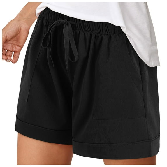 vigerkar Casual Shorts for Women Comfy Elastic Waist Drawstring Pocket Shorts Pants Black, L