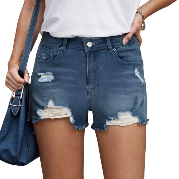 vigerkar Casual Summer High Rise Denim Shorts Stretch Raw Hem Jean Shorts for Women (Dark Blue, L)