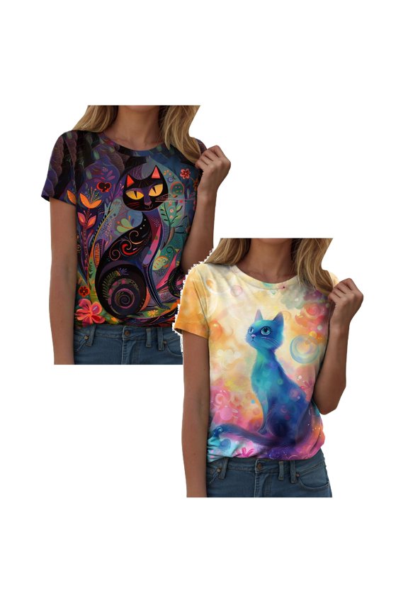 Cat Blouses for Women Short Sleeve Funny Graphic T Shirts Dressy Casual Crew Neck Work Cute Tunic Tops, Pack of 2 (Sky Blue 1PCS & Black 1PCS, XL)
