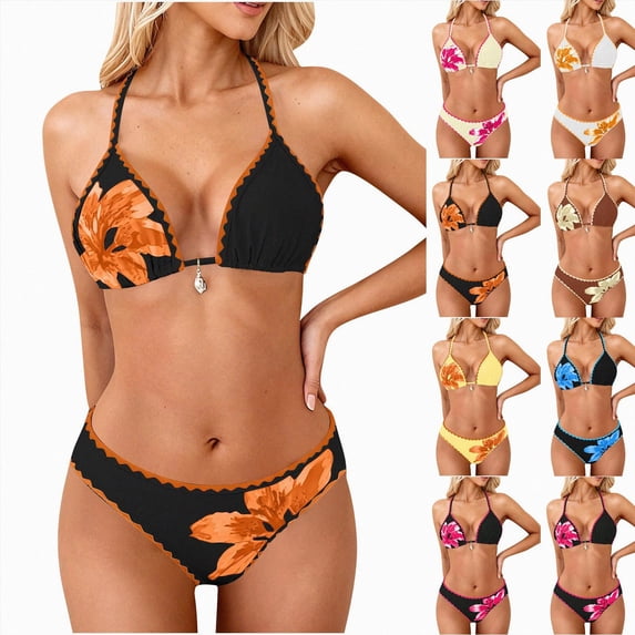 vigerkar Cheeky Bikini Sets for Women Floral Print Two Piece Bathing Suit Sexy Triangle Mid Rise Halter Swimsuits Swimwear (Hot Pink, XL)