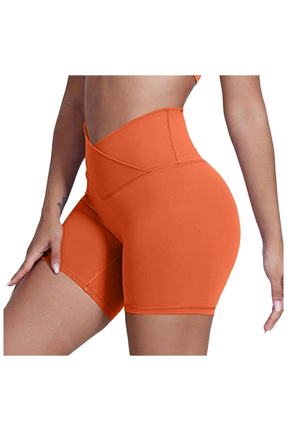 Cloud Feeling Cross Waist Yoga Shorts with Pockets for Women, Crossover High Waist Lounge Biker Shorts Orange, L