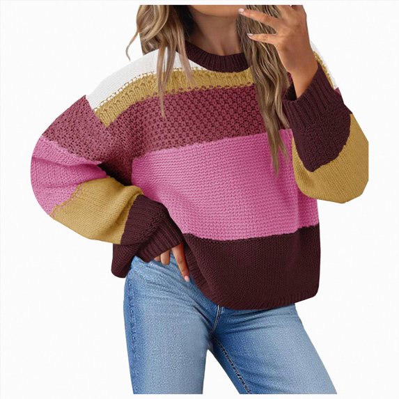 vigerkar Color Block Cropped Sweaters 2026 Winter Casual Oversized Y2K Going Out Striped Pullover, Trendy Crop Knit, Cozy Chic Fall/Winter Statement Top (Brick Red, XL)