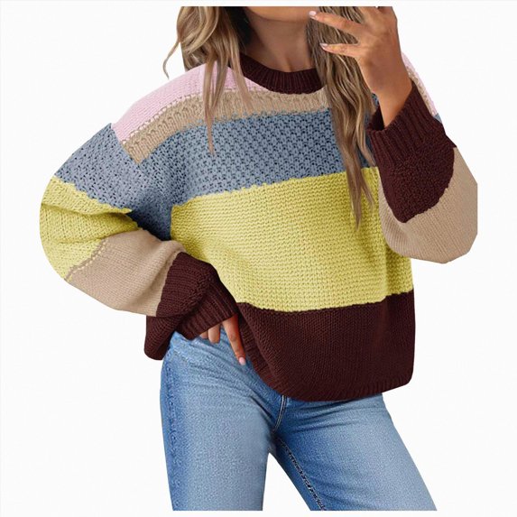 vigerkar Color Block Cropped Sweaters 2026 Winter Casual Oversized Y2K Going Out Striped Pullover, Trendy Crop Knit, Cozy Chic Fall/Winter Statement Top (Grey, S)