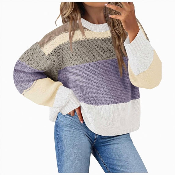 vigerkar Color Block Cropped Sweaters 2026 Winter Casual Oversized Y2K Going Out Striped Pullover, Trendy Crop Knit, Cozy Chic Fall/Winter Statement Top (Light Gray, XL)