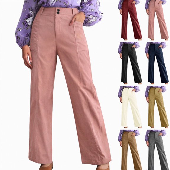 vigerkar Corduroy Pants Women High Waisted Straight Leg Pants with Pockets Casual Trousers Fashion Outfits (White, XL)