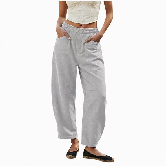 vigerkar Cotton Baggy Low Rise Barrel Pants for Women, Relaxed Lounge Boho Beach Travel Wide Leg Trousers, Breathable Summer Style (Light Gray, XXL)