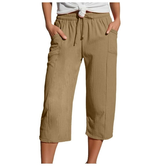 vigerkar Cotton Linen Capri Pants for Women Summer Casual Plus Size Capris Wide Leg High Waisted Drawstring Crop Pants 2025 Khaki, XXL