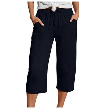 vigerkar Cotton Linen Capri Pants for Women Summer Casual Plus Size Capris Wide Leg High Waisted Drawstring Crop Pants 2025 Navy, M