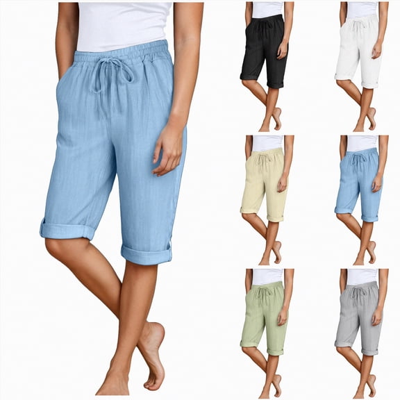 vigerkar Cotton Linen Shorts for Women Summer Fashion Elastic Waist Casual Loose Fit Drawstring Bermuda Short Pants Vacation Beach (Blue, L)