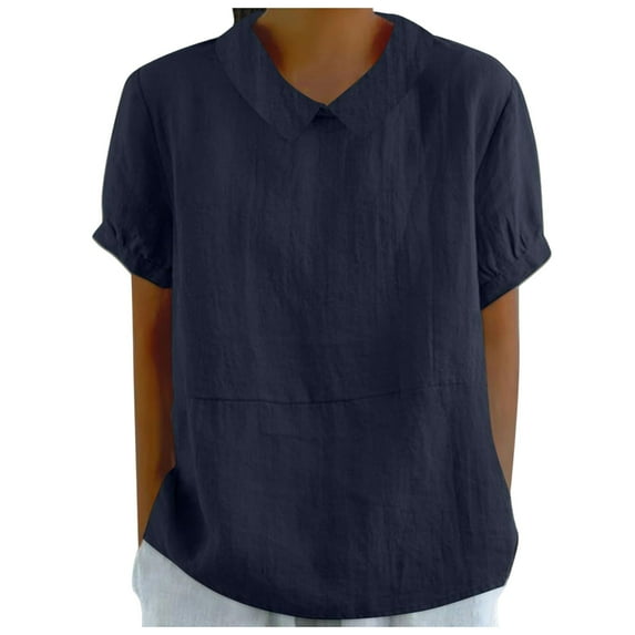 vigerkar Cotton Linen Top for Women Summer Collared Blouses Casual Short Sleeve Going Out Tops 2025 Blouses Navy, XL