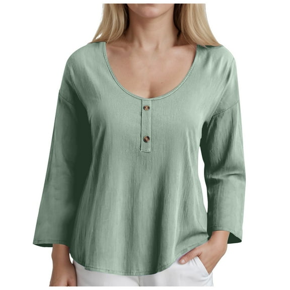 vigerkar Cotton Linen Tops for Women Plus Size Summer Tops Crew Neck Long Sleeve Tunic Loose Blouse Shirt Breathable Work Blouse Light Green, L