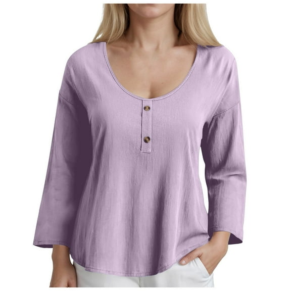 vigerkar Cotton Linen Tops for Women Plus Size Summer Tops Crew Neck Long Sleeve Tunic Loose Blouse Shirt Breathable Work Blouse Light Purple, XXL