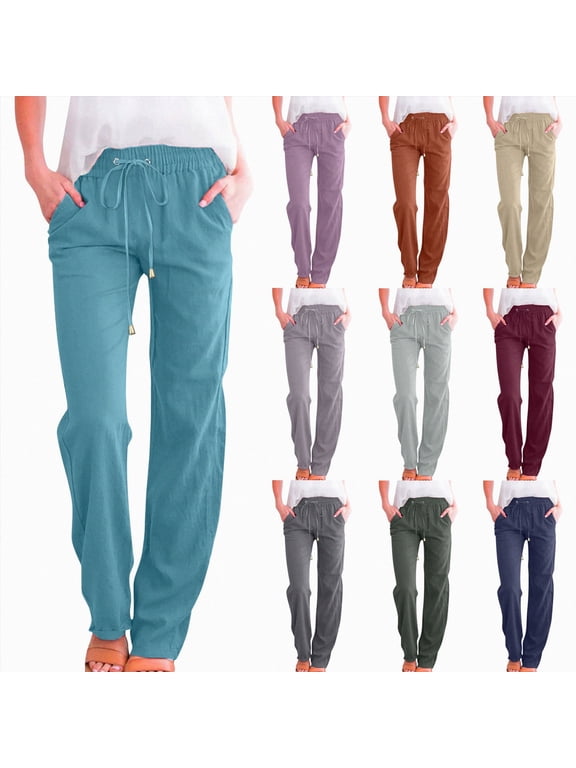 Cotton Pants Women Petite 2026 Summer Casual Lightweight Drawstring Elastic Waist Straight Leg Gauze Pants with Pockets (Blue, L)
