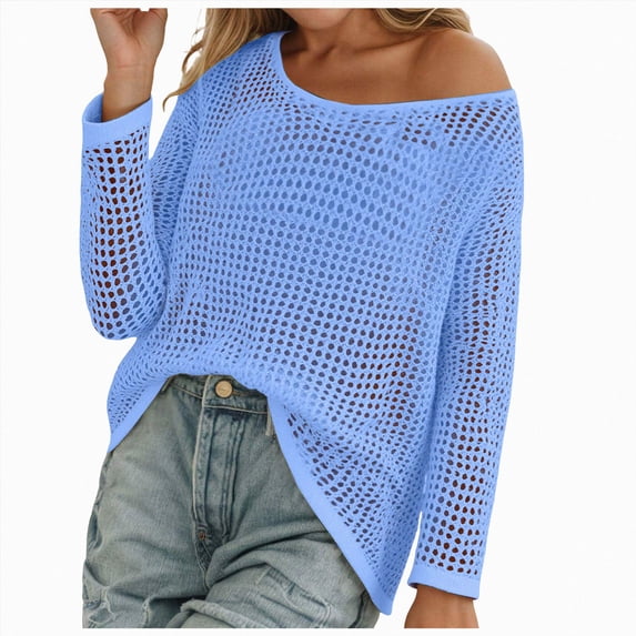 vigerkar Crochet Crop Top Long Sleeve Mesh Fishnet Summer Cover Ups | See Through, Swim Coverups Shirt,Beach,Vacation (Blue, XS)