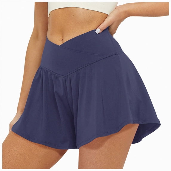 vigerkar Crossover Athletic Shorts Wide Waistband Flowy Tennis Skorts with Pockets, Quick Dry Sporty Dressy Casual Workout Skirt Shorts for Running (Navy, L)