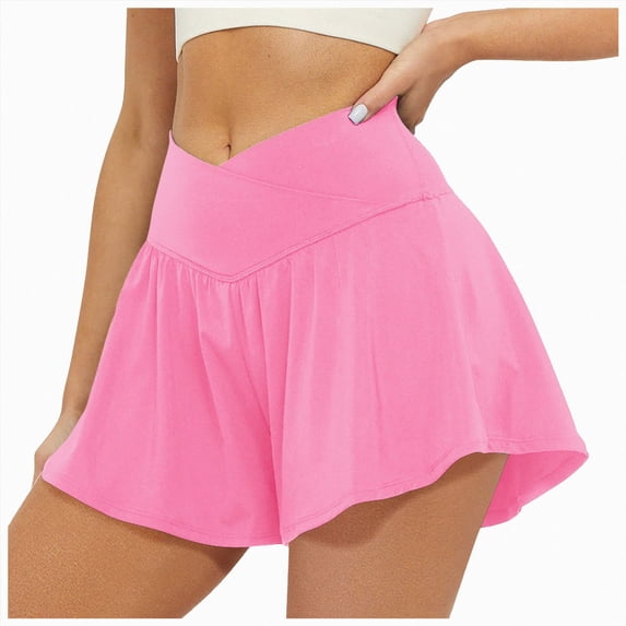 vigerkar Crossover Athletic Shorts Wide Waistband Flowy Tennis Skorts with Pockets, Quick Dry Sporty Dressy Casual Workout Skirt Shorts for Running (Pink, S)