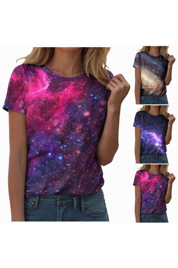 Cute Tops for Women Galaxy Space Print Petite Shirts Casual Short Sleeve Crewneck Graphic Tees Blouses (Navy, XL)