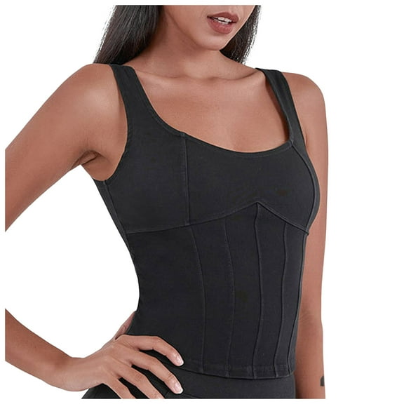 vigerkar Denim Corset Top for Women Going Out Jean Crop Tank Tops Trendy Sleeveless Slim Fit Workout Top (Black, M)