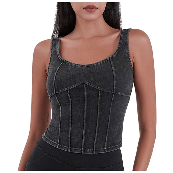 vigerkar Denim Corset Top for Women Going Out Jean Crop Tank Tops Trendy Sleeveless Slim Fit Workout Top (Dark Gray, S)