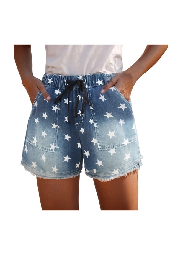 Denim Shorts for Women High Waisted Drawstring Star Prints Raw Hem Jean Shorts Blue, L