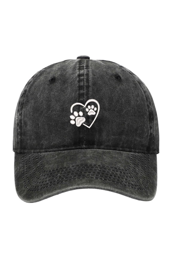Dog Paw Print with Love Heart Hat for Women Men, Adjustable Embroidered Cotton Dog Lovers Baseball Cap (Black, One Size）