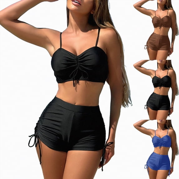 vigerkar Drawstring High Waisted Bikini Set Srting Swimsuit Spaghetti Strap Cami Top and Tie Side Shorts 2 Piece (Coffee, S)