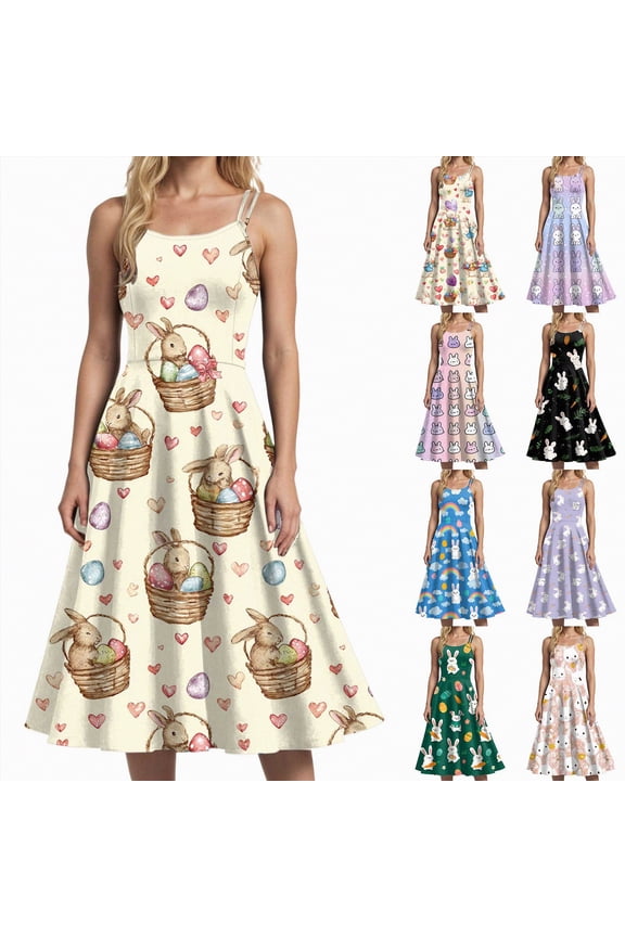 Easter Dress for Women Vintage Dresses Spaghetti Strap Party Dress Easter Eggs Print Party Prom Dresses (Blue, L)