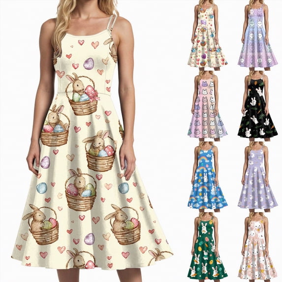 vigerkar Easter Dress for Women Vintage Dresses Spaghetti Strap Party Dress Easter Eggs Print Party Prom Dresses (Purple, XXL)