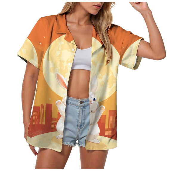 vigerkar Easter Shirts for Women Easter Bunny Shirt Funny Rabbit Graphic Festival Party Short Sleeve Button Up Tops (Gold, 3XL)