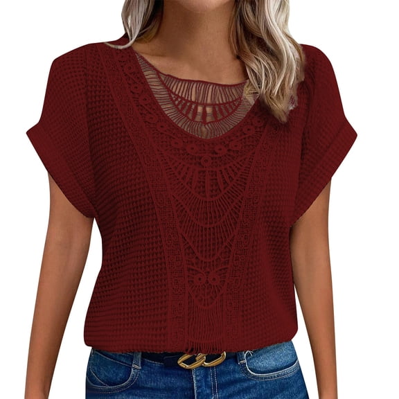 vigerkar Elegant Lace Trim Knit Tunic Tops - Summer Blouse for Women, Stretchy Casual Shirt with Crew Neck & Short Sleeve Red, XL