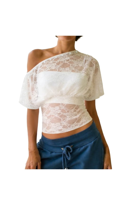 Elegant Off Shoulder Mesh Blouse for Women Floral Lace Buttons Crop Top Summer Sheer T-Shirt Vintage Going Out Top (White, L)