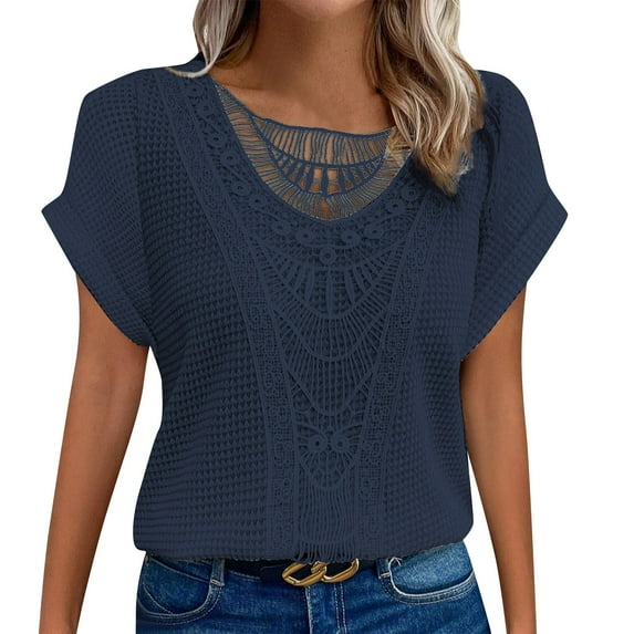 vigerkar Elegant Tunic Tops - Summer Short Sleeve Blouse for Women, Stretchy Casual Shirt with Crew Neck Navy, XL