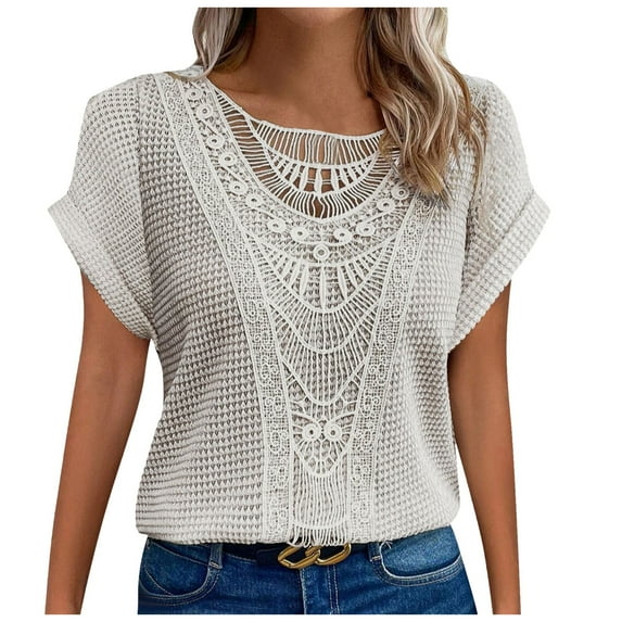 vigerkar Elegant Tunic Tops - Summer Short Sleeve Blouse for Women, Stretchy Casual Shirt with Crew Neck White, XXL