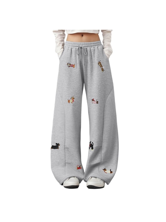 Embroidery Puppy Baggy Barrel Sweatpants Casual Y2K Elastic Drawstring Unisex Wide Leg Pants Lantern Trouser (Grey, M)