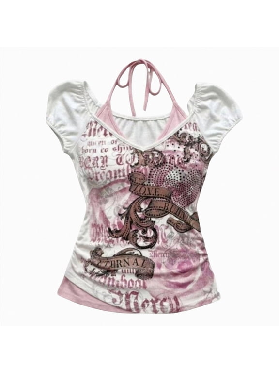 Emo Grunge Shirts Women 2000s Graphic Baby Tees, Fake Two Piece Short Sleeve Vintage Y2K Crop Top, Goth Alt Clothes for Teens & Women (Pink, S)