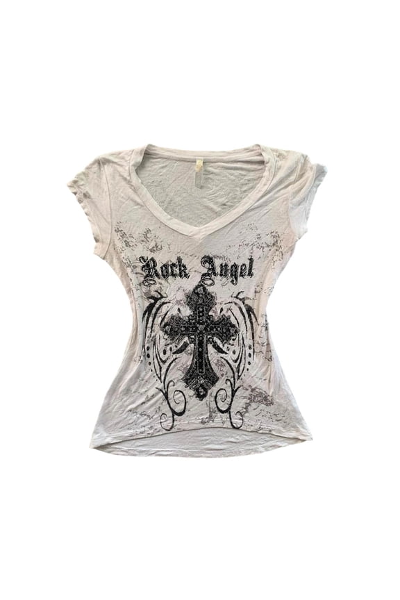 Emo Grunge Top Short Sleeve Y2k Shirts Vintage Streetwear Tops Women 2000s Fashion (Beige, L)