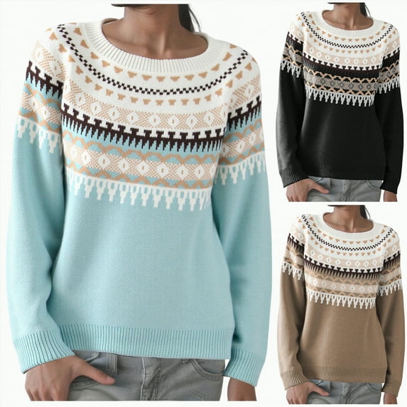 vigerkar Fair Isle Sweater Women Oversized Knit Vintage Crochet Cozy Long Sleeve Pullover Sweaters Fall Winter Outfits (Black, S)