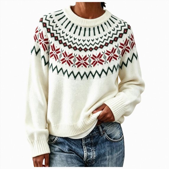 vigerkar Fair Isle Sweater Women Vintage Cable Knit Long Sleeve Crewneck Striped Pullover, Fashion Holiday Tops, Warm Winter Layering, Retro Chic Everyday Style (White, 3XL)