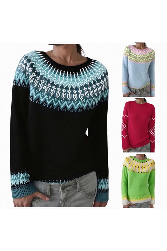 Fair Isle Sweater for Women Knit Retro Winter Fall Casual Loose Crewneck Long Sleeve Lightweight Pullover (Sky Blue, XXL)