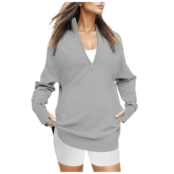 vigerkar Fall Women V Neck 1/4 Zip Pullover Stretch Sweater Long Sleeve Stand Collared Ribbed Knitted Solid Sweaters Grey, S