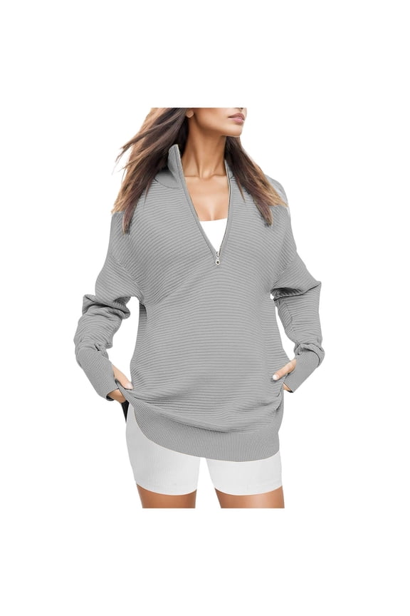 Fall Women V Neck 1/4 Zip Pullover Stretch Sweater Long Sleeve Stand Collared Ribbed Knitted Solid Sweaters Grey, S