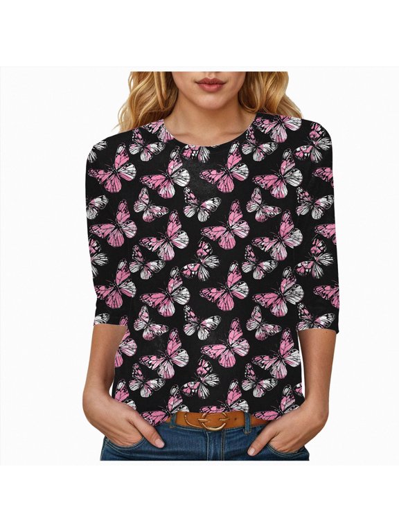 Fashion Women Tops Butterfly Floral Print 3/4 Sleeve Tshirt, Casual Crew Neck Blouse Cute Summer Loose Fit Tunic for Women (Black, S)